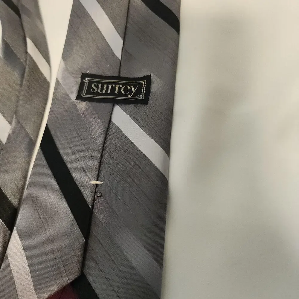 Surrey Tie Mens One Size Gray Striped Woven Poly Silk Classic Necktie Made USA